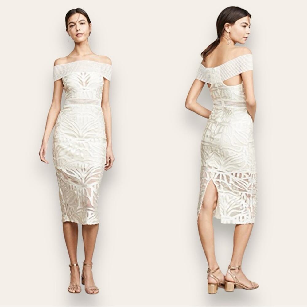 Alice McCall Lunar Eclipse Midi Dress Off Shoulder Mesh Devoré Oatmeal 0 Women’s